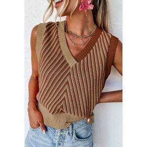 Chevron Soft Viscose Knit Vest Jumper  Brown/Tan Small Preppy Academia Neutral
